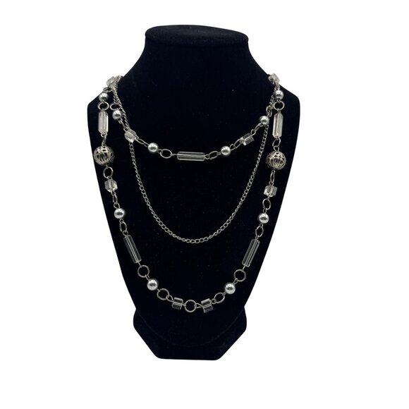Silver Multi-Strand Chunky Chain Link Necklace Beaded Statement Jewelry - Picture 1 of 4